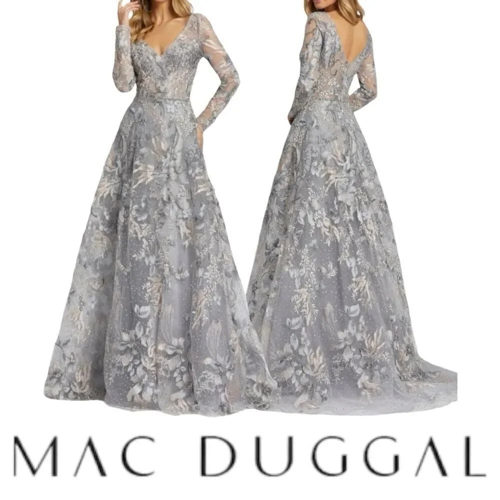 MAC DUGGAL Women’s Long Sleeves Beaded Appliqué Gown in the Size 10 in Grey